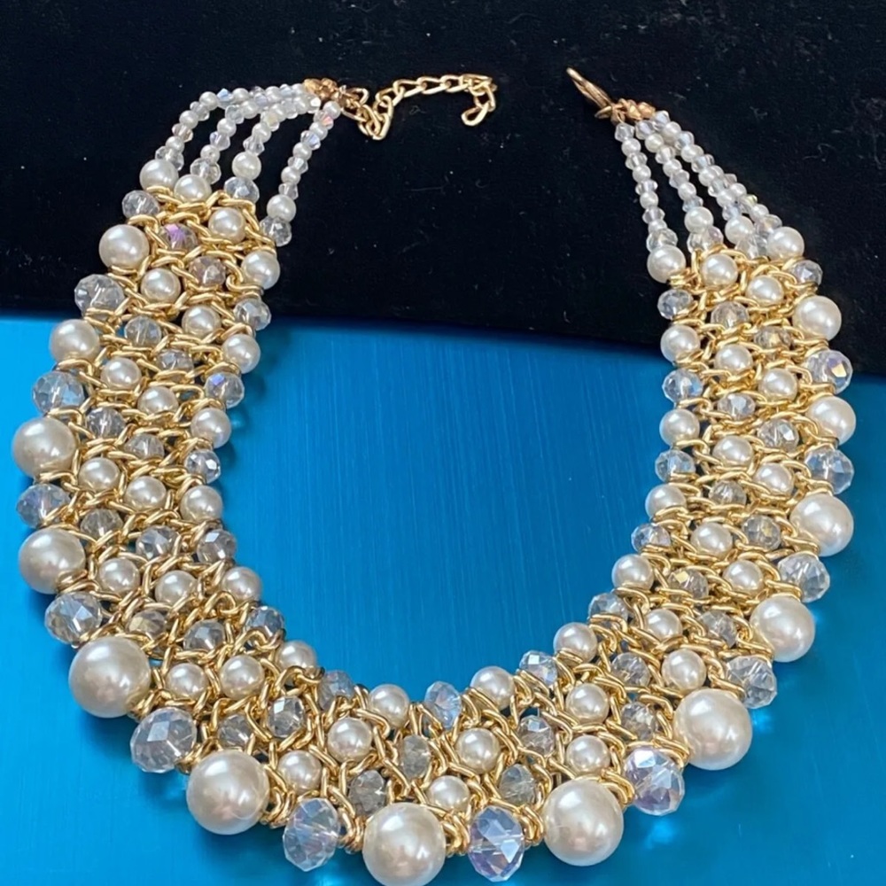 VINTAGE STATEMENT CLEAR FACETED GLASS CRYSTAL FAUX PEARL BEAD NECKLACE &BRACELET